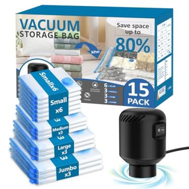 Imagem de kissleaf Pacote com 15 sacos de vedação a vácuo para roupas com bomba de ar elétrica, sacos de armazenamento a vácuo economizadores de espaço para roupas, colchões, cobertores, edredons e travesseiros