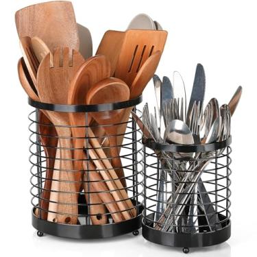 Imagem de IWNTWY Suporte de utensílios, suporte de utensílios de aço inoxidável de 19,6 cm + 15,2 cm para balcão de cozinha, espátula, garfos, facas, colheres, utensílios, crocks organizador de secagem
