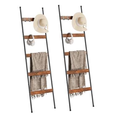 Imagem de ELYKEN Pacote com 2 Escadas para Sala de Estar, Colcha de 5 Camadas com 4 Ganchos Removíveis para Banheiro, Toalheiro de Madeira, Suporte Decorativo Inclinado para Casa, Marrom Rústico