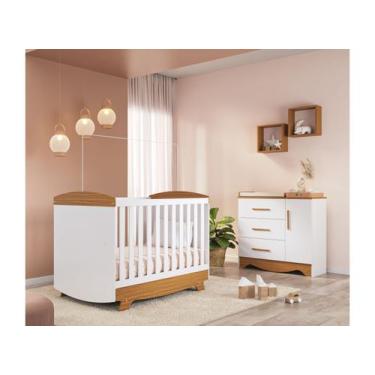 Imagem de Berço Americano Cris e Cômoda Clara Moveis Peroba Ls MDF, Branco Amênd