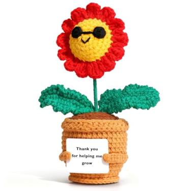 Imagem de RovyFota Flor de margarida de crochê feita à mão em vaso com cartão de agradecimento, lindo presente de agradecimento ao professor, mini vaso de crochê, decoração de mesa positiva, presente de
