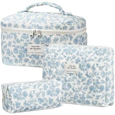 Imagem de Conjunto de bolsas de maquiagem TESAFNG de algodão floral acolchoado, 