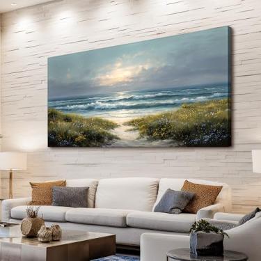 Imagem de selatala Arte de parede grande costeira 50,8 cm x 101,2 cm, pinturas em tela de paisagem nascer do sol oceano, flores, mar, praia, neutro, parede, imagem, arte, decoração de casa de fazenda, sala de