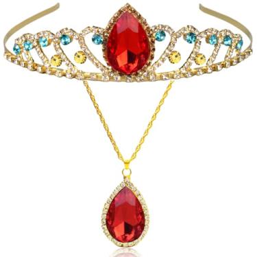 Imagem de KJDYQ Conjunto de coroa e colar inspirado na princesa Elena - Tiara de cristal vermelho e joias com pingente para Halloween, cosplay, presente de aniversário para mulheres, formatura, acessórios de