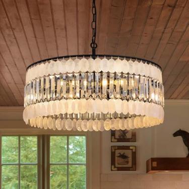 Imagem de Wellmet Candelabro de concha de cristal capiz, lustre de cristal preto, luz pendente preta moderna de 6 luzes, para sala de estar, quarto, sala de jantar, cozinha, bar