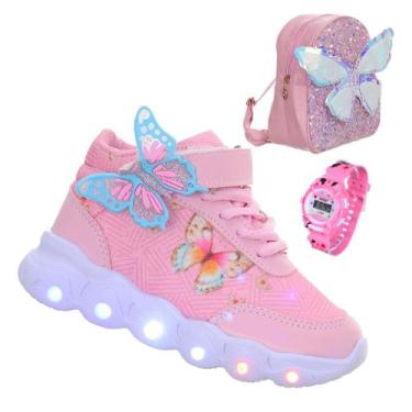 Imagem de Kit Tenis Botinha Infantil Menina Borboleta Com Luzinha Led + Mochila 