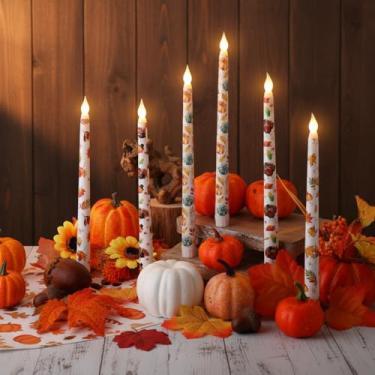 Imagem de Kittmip 6 peças de velas cônicas sem chama de Ação de Graças 28 cm de colheita operadas por bateria de LED folhas de outono abóbora peru velas de mesa centro de mesa para decoração de festa em casa