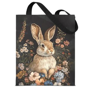 Imagem de Bolsa feminina com estampa de coelho, estampa floral, coelho, academia, reutilizável, para compras, viagens, trabalho, estética