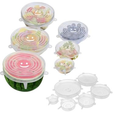 Imagem de 6 peças de tampas elásticas de silicone, tampas reutilizáveis de recipiente de silicone sem desperdício para sobras de potes de frutas (transparentes)