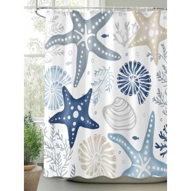 Imagem de Cortina de chuveiro azul estrela do mar tecido impermeável cortinas de chuveiro para decoração de banheiro, vida marinha, oceano, litoral, cortina de banho 183 x 183 cm