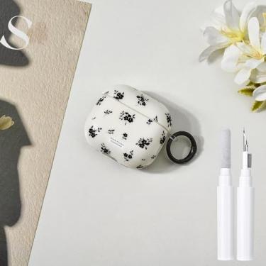 Imagem de COTYPOFLIYTT Capa compatível com AirPods 4ª geração (2024) com kit de limpeza, chaveiro floral fofo TPU macio à prova de choque para meninas e mulheres Airpods 4 - flor preta