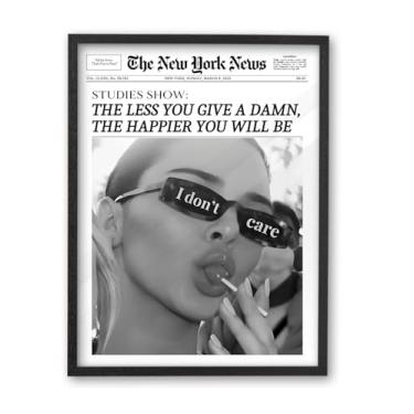 Imagem de iHery Arte de parede emoldurada de jornal de madeira de carvalho preto natural 20,3 x 25,4 cm, moderno, não me importo, retrô, bar, carrinho, lona, decoração de parede, para dormitório feminino