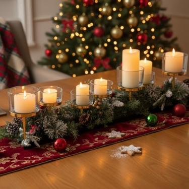 Imagem de Mumufy Conjunto de suporte de vela de vidro de 7 pilares com bandeja de metal candelabro votivo para o Natal, Dia das Bruxas, Ação de Graças, mesa de jantar, peça central, 85 x 16,7 x 2,5 cm (ouro)