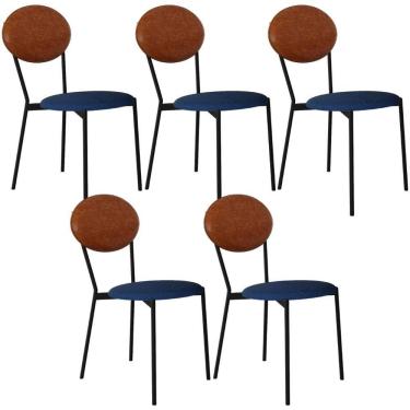 Imagem de Kit 05 Cadeiras Estofada Para Sala De Jantar Azuri Preto C01 Linho Azul Courino Caramelo - Lyam Decor