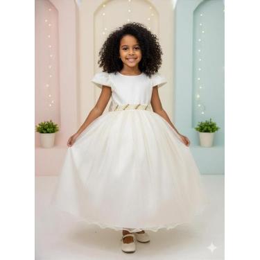 Imagem de Vestido Infantil Formatura Bege Off White Longo com Glitter para Dama 