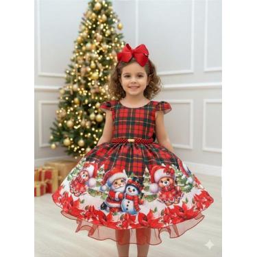 Imagem de Vestido Infantil Natalino Ursinho Xadrez Vermelho com Laço Verde e Cin