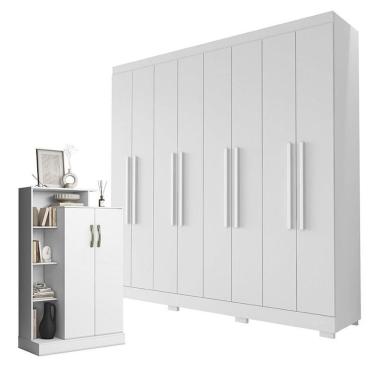 Imagem de Guarda Roupa Casal Porto 8 Portas 4 Gavetas E Armário Multiuso Florença Branco Brilho - Aramóveis