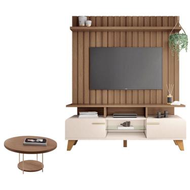 Imagem de Rack Bancada Essenza E Painel Link 1.6 Com Mesa De Centro Sky Off White Castanho - Hb Móveis