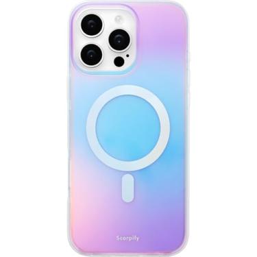 Imagem de SCORPIFY Capa para iPhone 16 Pro Max [compatível com MagSafe] com véu iridescente brilhante, linda capa magnética transparente para mulheres e meninas, azul roxo iridescente com acabamento brilhante