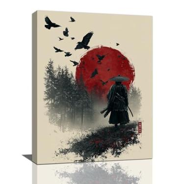 Imagem de Arte de parede Samurai Bushido Japonês Moderna Decoração de Parede Guerreiro Japonês Tela Oriental Asiática Retrô Sol Vermelho Pintura Impressão Obra de Arte Decorações Emolduradas Presentes para