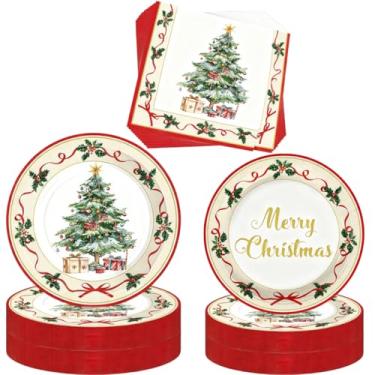 Imagem de Glazeal Conjunto de 200 pratos e guardanapos de Natal, descartáveis, 50 conjuntos de pratos de papel de Natal de 18 cm e 23 cm e 200 guardanapos para artigos de festa grandes de Natal vintage