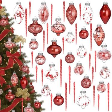 Imagem de Bucherry Conjunto de 48 peças de enfeites de gelo de bola de Natal vermelha de plástico transparente à prova de estilhaçamento decoração de bola de árvore de Natal brilhante de plástico com glitter