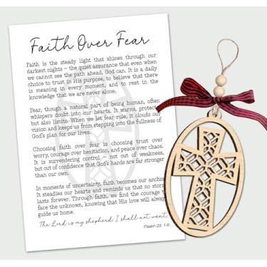 Imagem de Enfeite de cruz – Cartão de história Faith Over Fear – Design de cruz oval de madeira – Símbolo Cristão de Coragem e Confiança – Lembrança inspiradora que nos lembra de caminhar por Faith Not Fear