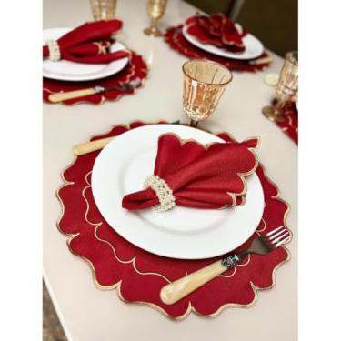 Imagem de Conjunto de 12 jogos americanos estilo americano Jogos americanos para uma mesa de jantar para 6 pessoas Arranjo de mesa Guardanapos redondos Mesa de jantar(Florata Vermelho)