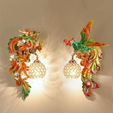 Imagem de Luminária de parede contemporânea com dragão e fênix, personalizada e criativa, para sala de estar, quarto, escritório, casa de campo, hotel ou corredor, com luz LED (um conjunto de 2 peças)