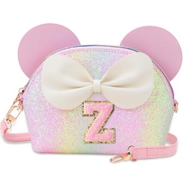 Imagem de Kejea Bolsa infantil para presentes infantis – Carteira infantil de princesa, bolsa transversal com flores de pérolas, bolsas de ombro fofas com inicial, Glitter Rainbow