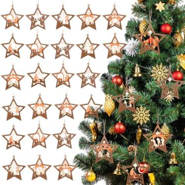 Imagem de Remerry 24 peças de enfeite de presépio de Natal em forma de estrela, enfeite de pendurar de madeira, presente religioso cristão para decoração de árvore de Natal, celebração do nascimento de Jesus