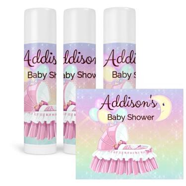 Imagem de Etiquetas personalizadas de chá de bebê para tubos de protetor labial, adesivos rosa para lembrancinhas de festa para bebês meninas