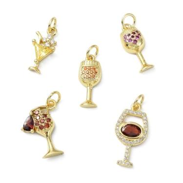 Imagem de UR URLIFEHALL 10 peças, 5 estilos, pingentes de bebida de zircônia cúbica, banhado a ouro 18 K, para coquetel, taça de vinho, pingentes para fazer joias e pulseiras, faça você mesmo
