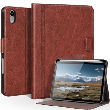 Imagem de CPNVWA Capa de couro genuíno para iPad mini 7ª/6ª geração de 8,3 polegadas, capa fólio premium com suporte para Apple Pencil, despertar/hibernar automaticamente, suporte ajustável e fecho magnético