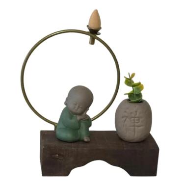 Imagem de Incensário Cascata Monge Buda Zen Em Repouso Com Vaso Madeira Cerâmica Metal 16cm