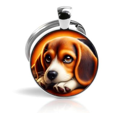 Imagem de SUPAC Chaveiro para amantes de cães, retrato de diferentes raças de filhotes, chaveiro de vidro redondo, moldura de metal prata, 2,5 cm de diâmetro (Beagle triste)