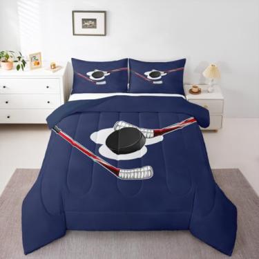 Imagem de Jogo de cama casal com estampa de hóquei no gelo, estampa de jogo de bola, esportes juvenis, de inverno, para crianças, meninas, meninos, jogos competitivos, trabalho em equipe, decoração europeia