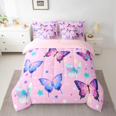 Imagem de jejeloiu Conjunto de edredom para meninas, borboletas, 7 peças, solteiro, para crianças, adolescentes, lindas borboletas, decoração de quarto, rosa, microfibra leve e macia