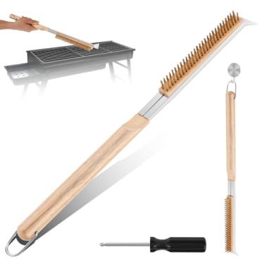 Imagem de Escova de forno de pizza 2 em 1 de 84 cm com raspador, escova de pedra de pizza eficiente resistente ao calor com raspador resistente à ferrugem e cabo de madeira para uso comercial em casa