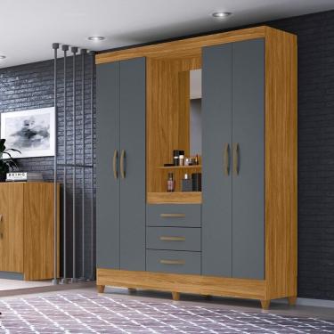 Imagem de Guarda Roupa Casal 4 Portas Com Espelho 3 Gavetas Capri - Freijo / Cinza Freijo / Cinza