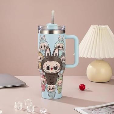 Imagem de Copo Térmico Infantil com Tampa e Canudo, Design Kawaii de Coelhinhos, Azul Claro, Aço Inoxidável com Alça