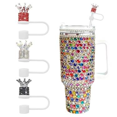 Imagem de JIASHEBDE Conjunto de 3 peças de topo de palha de diamante de coroa para copo Stanley - Capas de palha brilhantes com strass brilhantes para copos de 30 e 1,134 g, 21 cores para presente de princesa