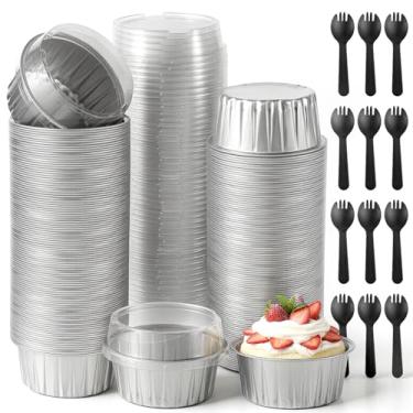 Imagem de IANFAN 200 peças de copos de folha de alumínio com tampas, copos descartáveis de 142 g de ramekin para bolos, latas de muffin, recipientes de cupcake de folha de ramekin brulee com colheres para