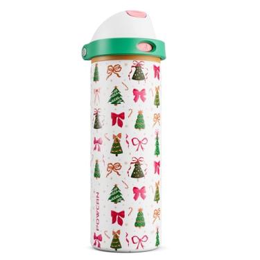 Imagem de POWCAN Garrafa de água de aço inoxidável de Natal de 680 g: bico de botão de pressão 2 em 1 e canudo de deslizamento rápido, à prova de vazamento, cabe no porta-copos do carro, garrafa de água isolada