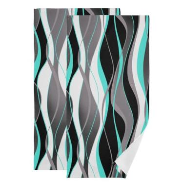 Imagem de YOCIBIUT Toalhas de mão listradas pretas e cinza turquesa para banheiro conjunto de 2, toalhas de cozinha de arte abstrata moderna branca e cinza absorvente, 35,5 x 71 cm, toalhas de banheiro