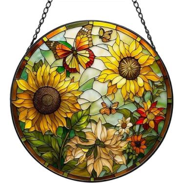 Imagem de Vitral pendurado, painel de vidro captador de sol de girassol com corrente de metal, decoração de arte interna/externa de 19 cm para jardim doméstico, aniversário, Natal