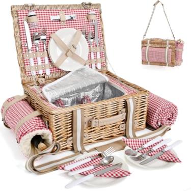 Imagem de Conjunto de cesta de piquenique para 4 peças com forro isolado e cobertor impermeável para vinho, cesto de vime grande para acampamento, ao ar livre, aniversário dos namorados, Natal para casais