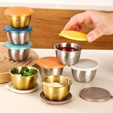 Imagem de 6 peças de copos de molho de aço inoxidável com tampas | Recipientes reutilizáveis à prova de vazamento | Copos de condimento de churrasco para cozinha | Armazenamento de lanches | Conjunto de