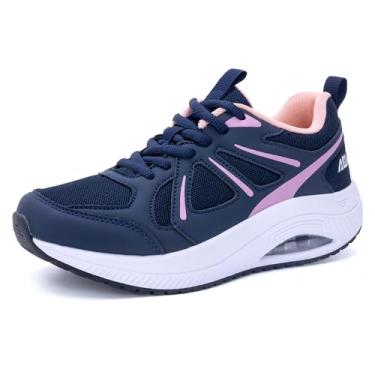 Imagem de GyeBea Tênis de caminhada feminino com suporte de arco atlético tênis de corrida ortopédico moderno para fascite plantar, Azul-escuro e rosa, 10 Wide