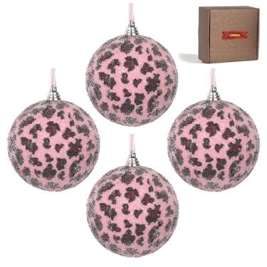 Imagem de Decorações de árvore de Natal feitas à mão com estampa de leopardo blush, 4 peças, enfeites de bola de 8 cm com detalhes transparentes de mini contas, decoração de casa e festa chique pronta para